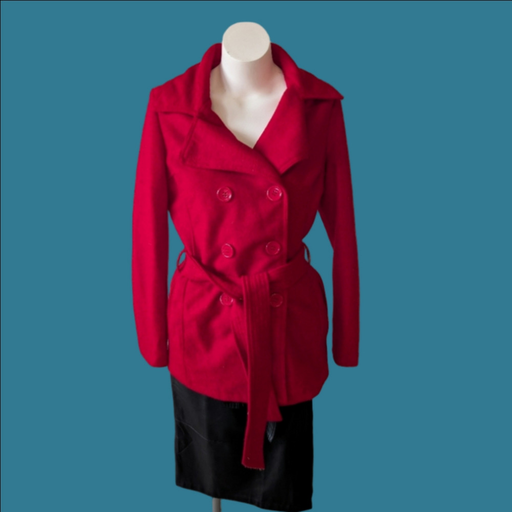Vintage Coat Double-Breasted Red Belted  1990s  Sz L